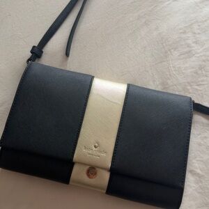 KATE SPADE New York Cedar Street Black Leather Gold Stripe Crossbody/Clutch